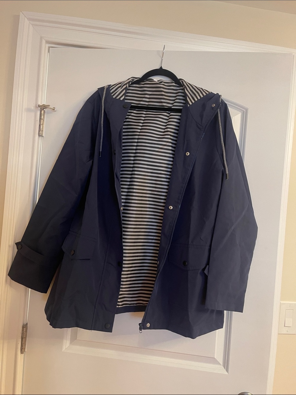 Classic Navy Hooded Raincoat with Striped Lining